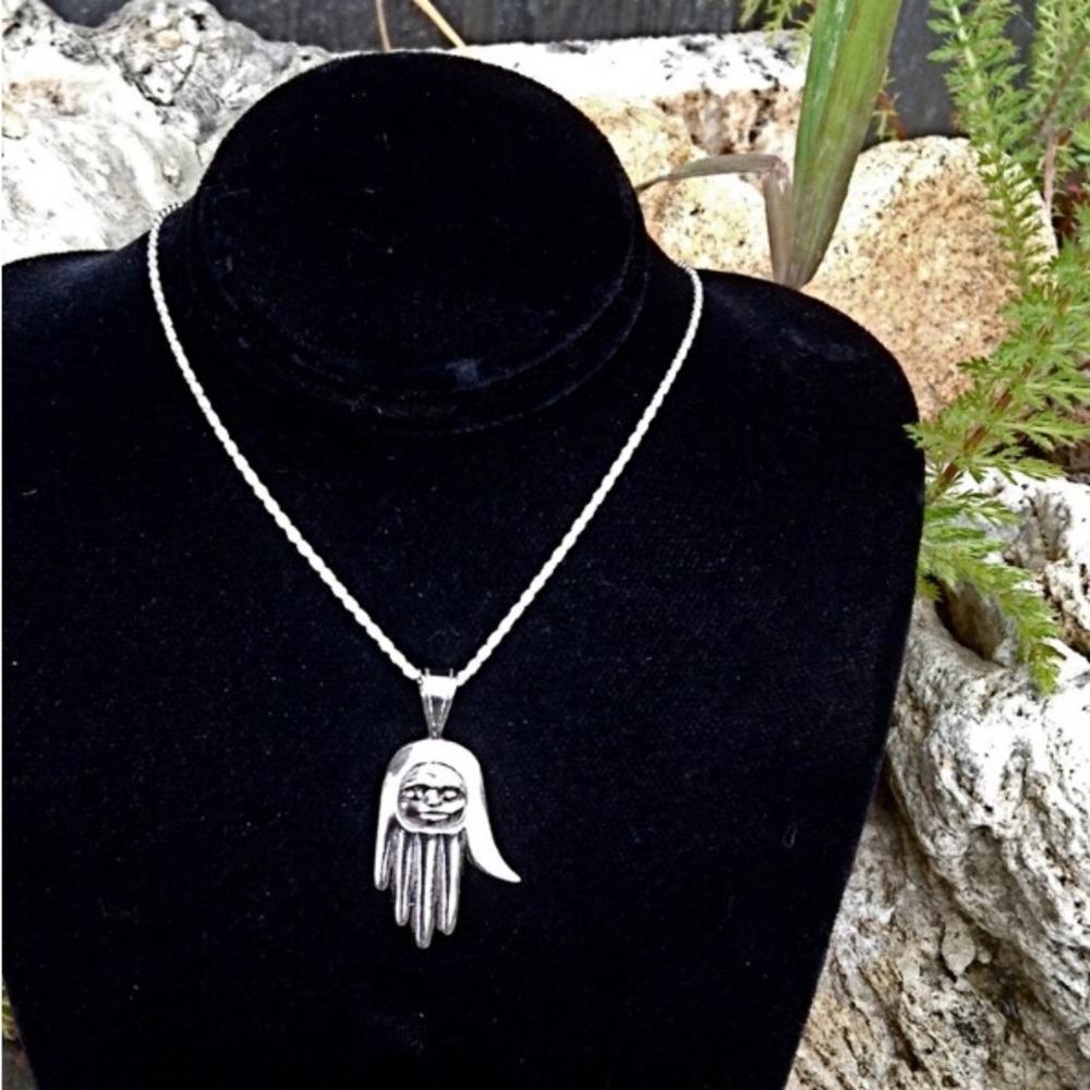 Silver Healing Hand Necklace. Native style, cast in silver, on 18 “ chain.